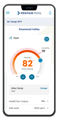 The dashboard in the Pentair Pool app