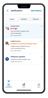 The notifications in the Pentair Pool app