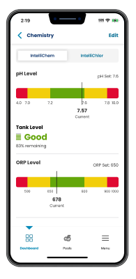 The water chemistry screen of the Pentair Pool app