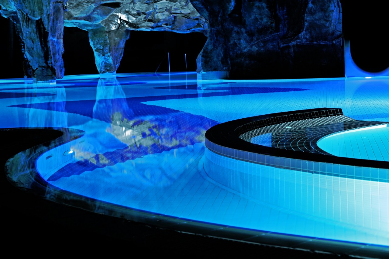 Huge swimming pool in neon light.